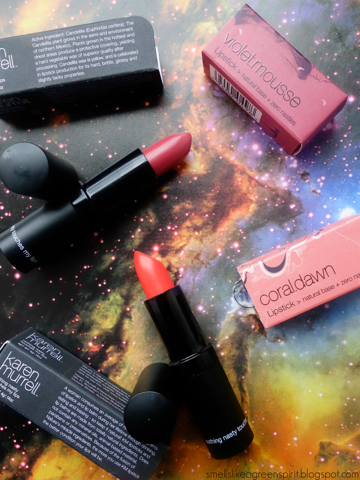 + a lipstick review Mousse smells | Coral day…Karen Murrell & like Violet spirit swatches a A Dawn green